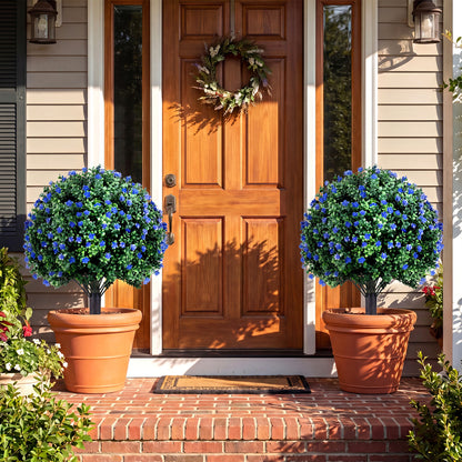 Two artificial camellia boxwood topiary ball trees, 27.5 inches tall, faux floral shrubs for decorative home accents.
