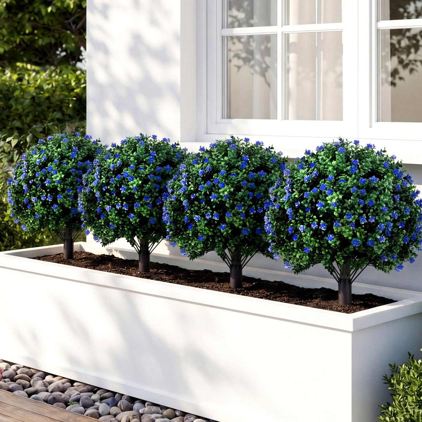 Two artificial Camellia boxwood topiary ball trees, 27.5 inches tall, faux floral shrubs for decorative home accents.