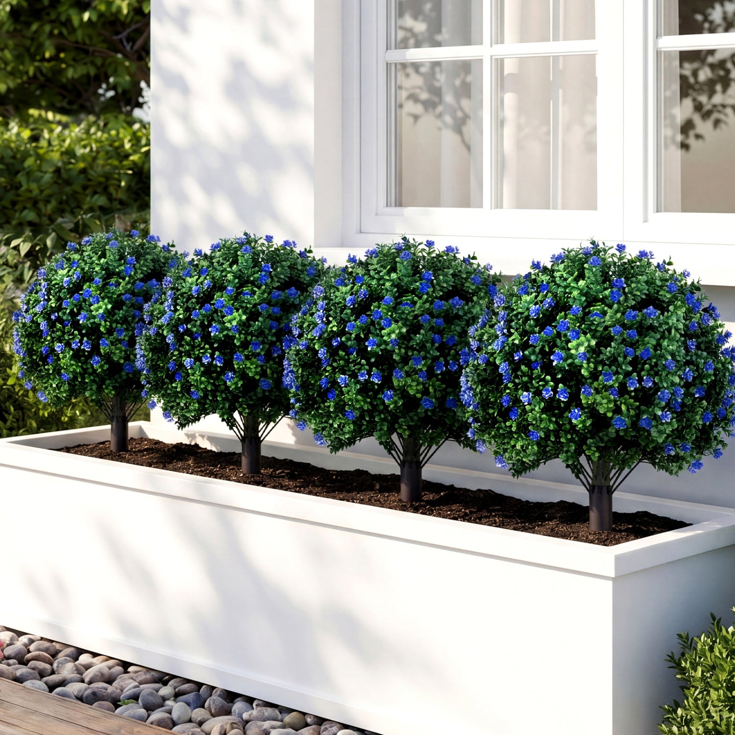Two artificial Camellia boxwood topiary ball trees, 27.5 inches tall, faux floral shrubs for decorative home accents.
