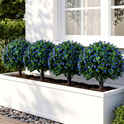 Two artificial Camellia boxwood topiary ball trees, 27.5 inches tall, faux floral shrubs for decorative home accents.