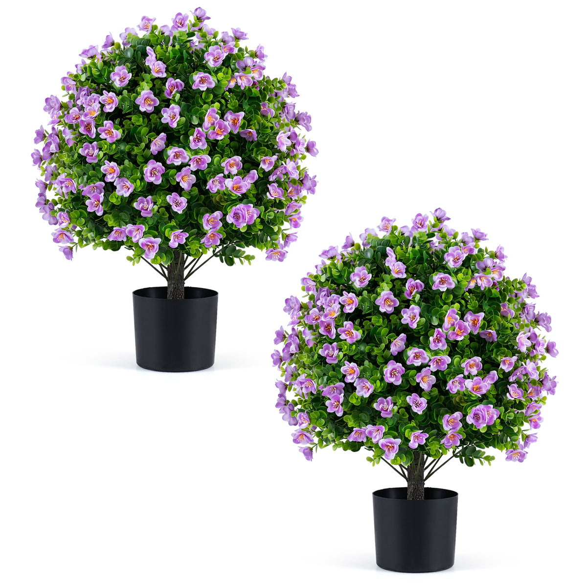 Two artificial eucalyptus topiary trees with purple flowers in cement planters, perfect for home decor.