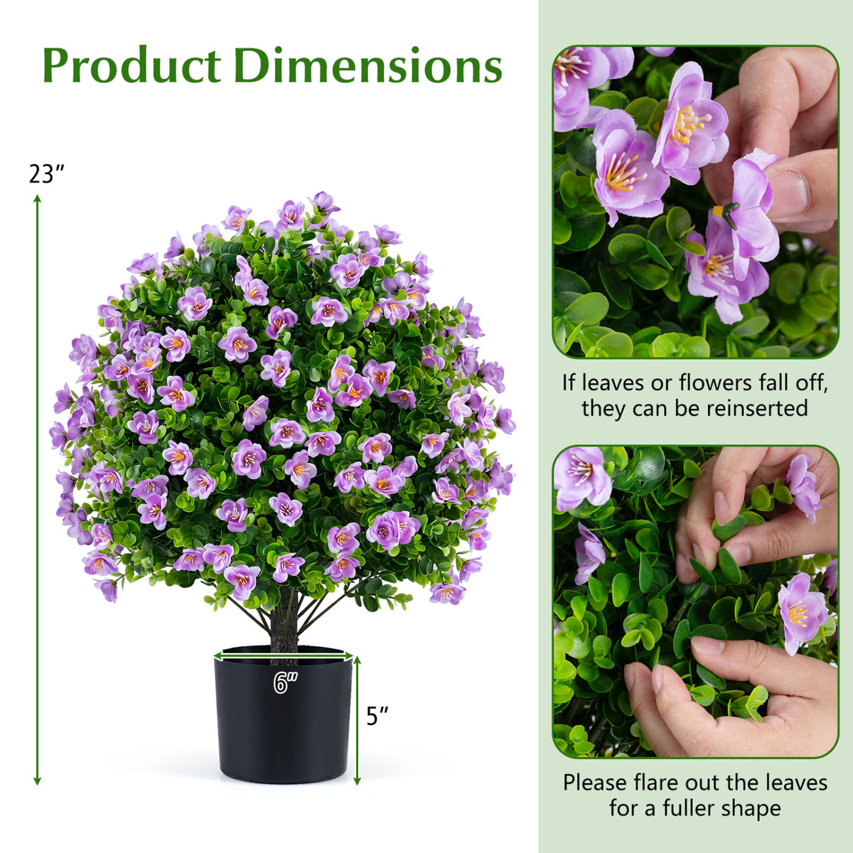 Two artificial eucalyptus topiary trees with purple flowers in cement planters, perfect for home decor.