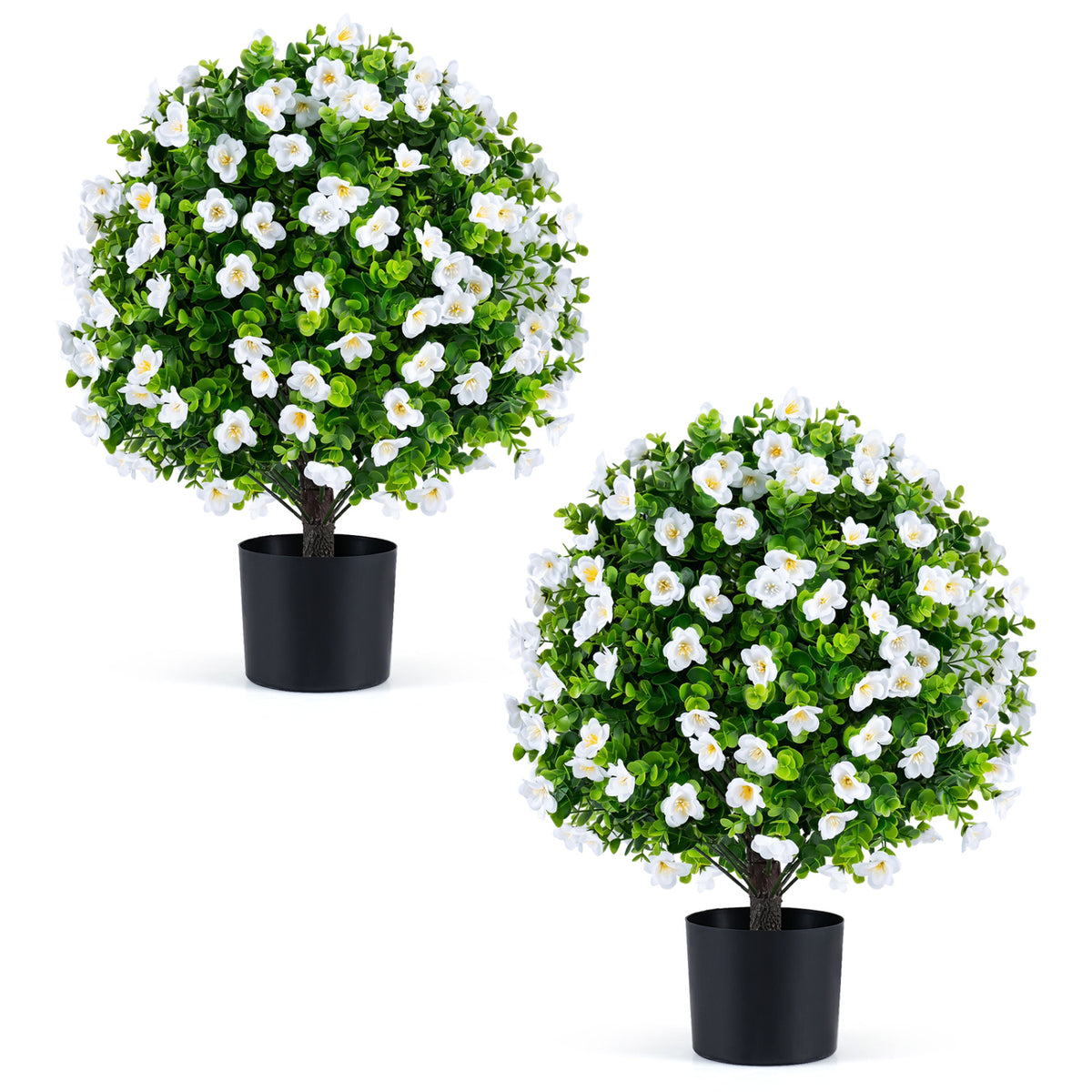 Two artificial eucalyptus topiary trees with purple flowers in cement planters, ideal for home decor.
