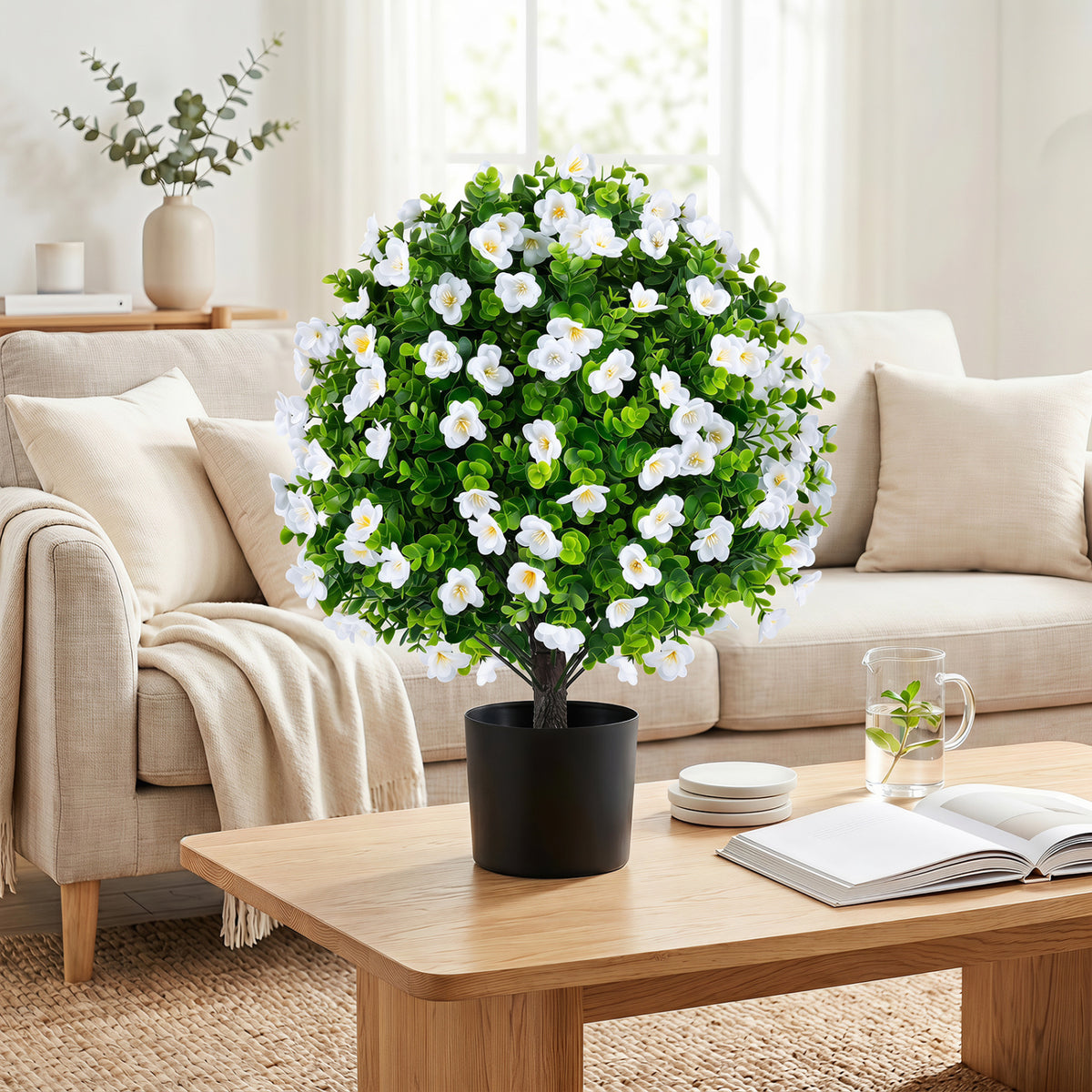 Two artificial eucalyptus topiary trees with purple flowers in cement planters, ideal for home decor.