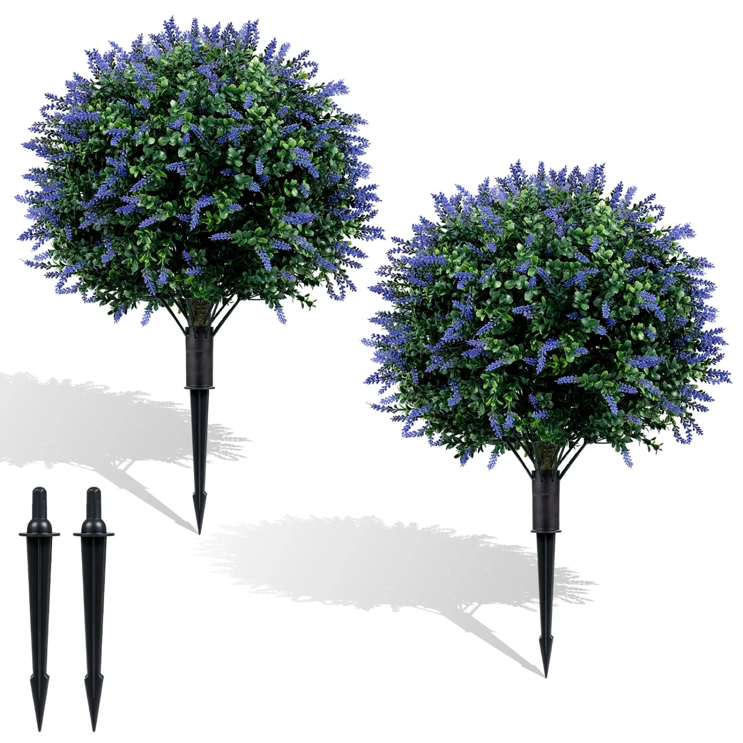Two artificial lavender boxwood topiary ball trees with ground spikes, decorative faux plants for home or garden decor.