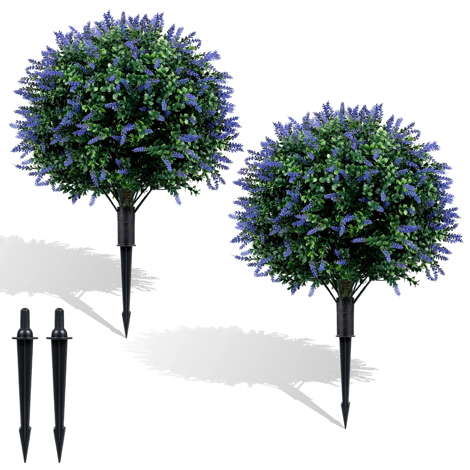 Two artificial lavender boxwood topiary ball trees with ground spikes, decorative faux plants for home or garden decor.