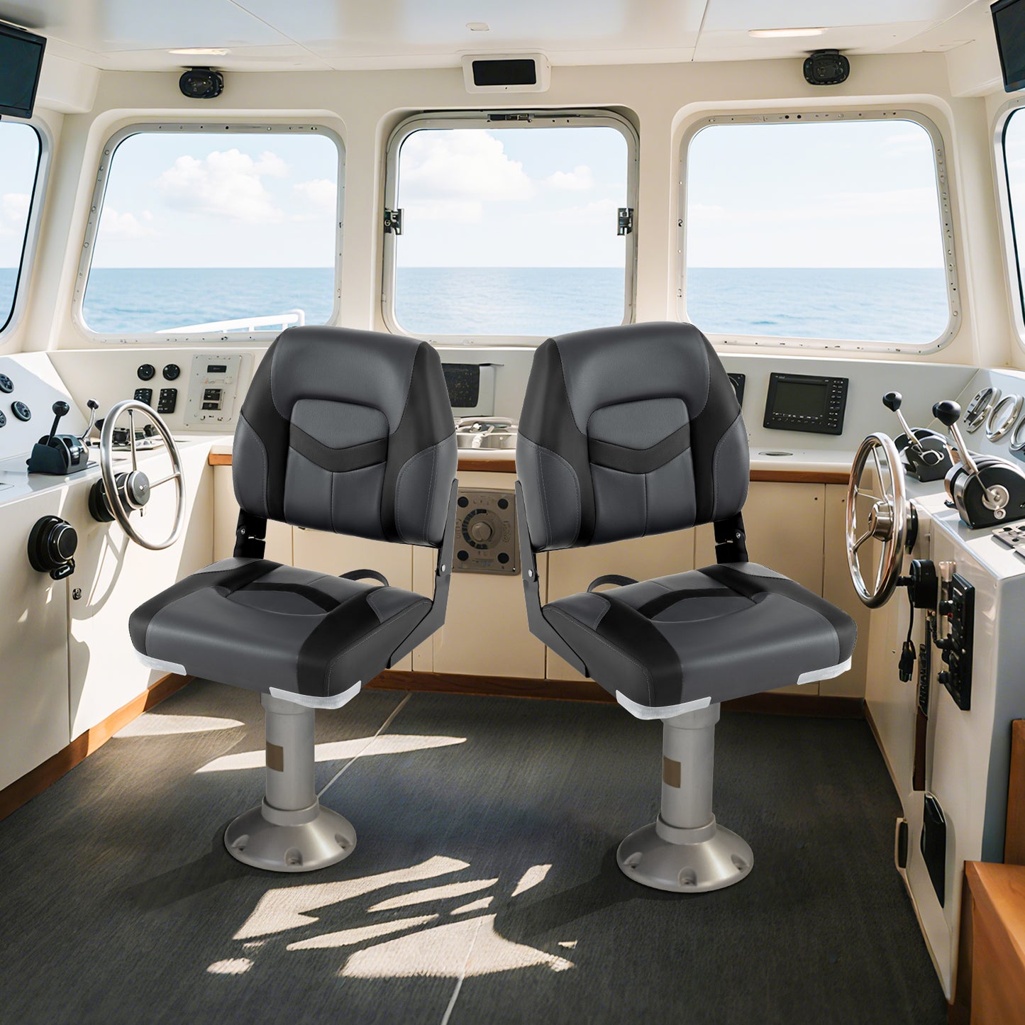 2-Pack Boat Seats with Fixing Bolts and Hinges-Black