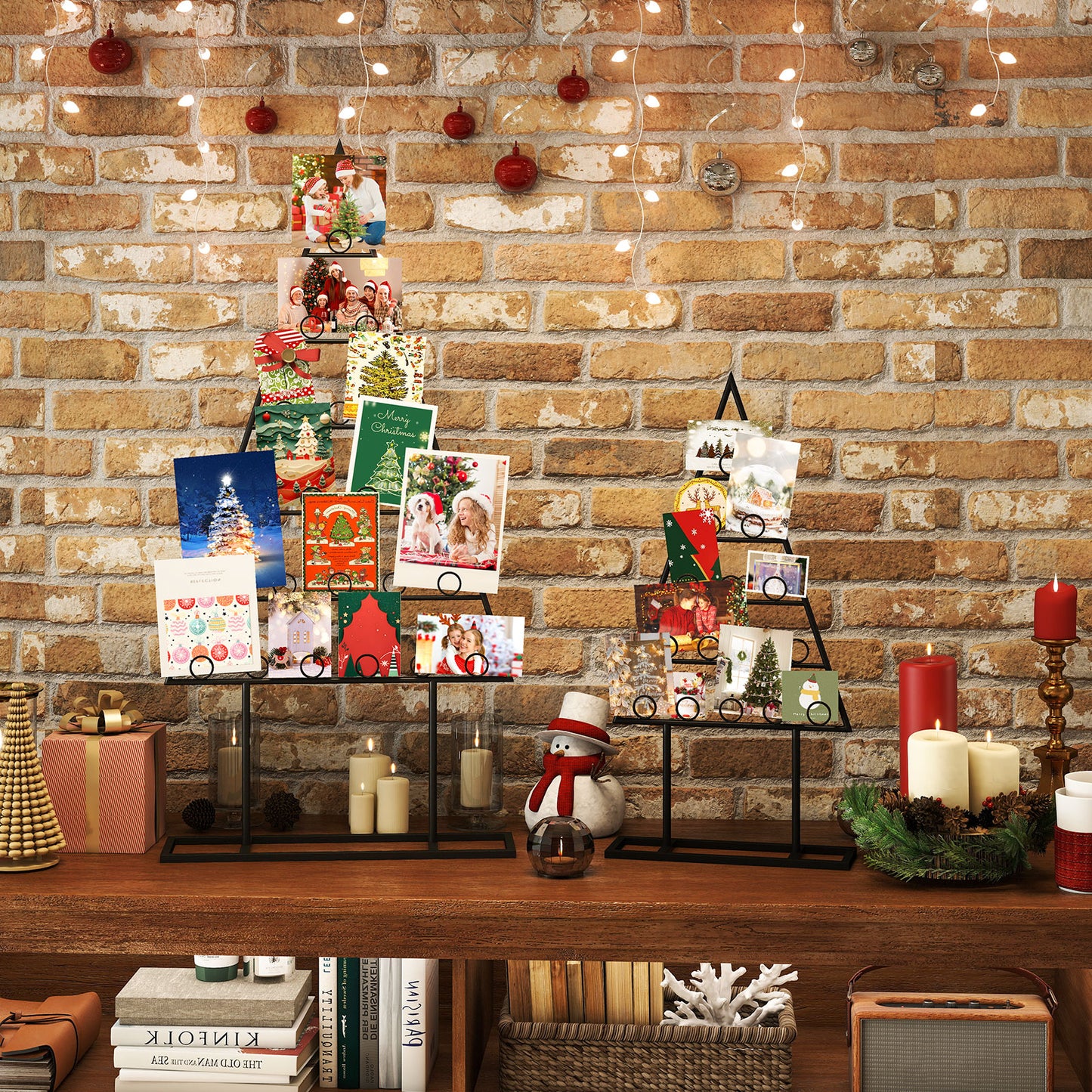 2 Pack Christmas Tree Photo Holder with 36 Round Clips and Metal Hanging Rack-Black