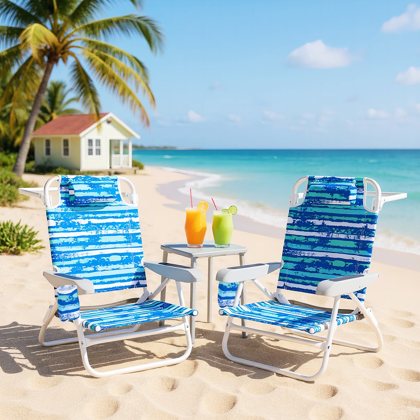 2 Pack Folding Beach Chair with Adjustable Positions and Head Pillow-Blue