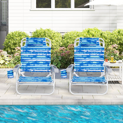2 Pack Folding Beach Chair with Adjustable Positions and Head Pillow-Blue