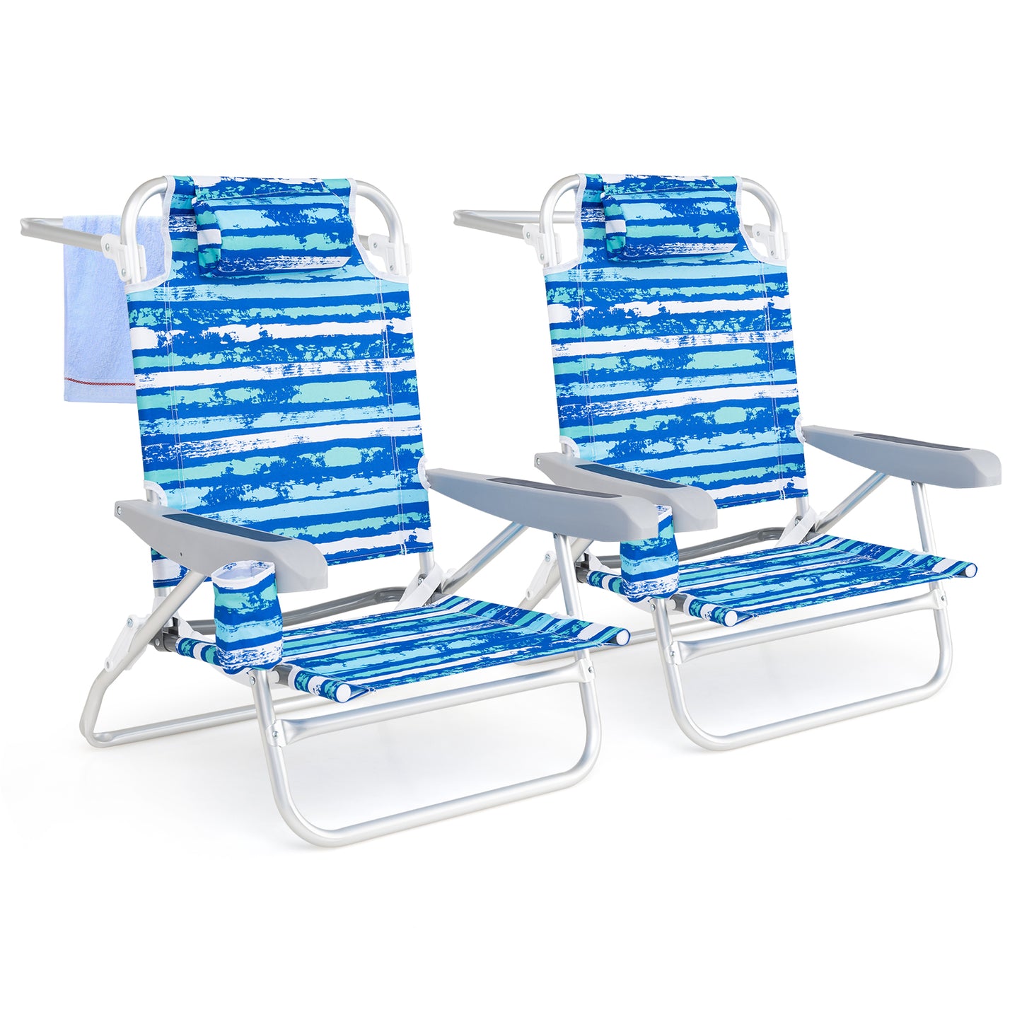 2 Pack Folding Beach Chair with Adjustable Positions and Head Pillow-Blue