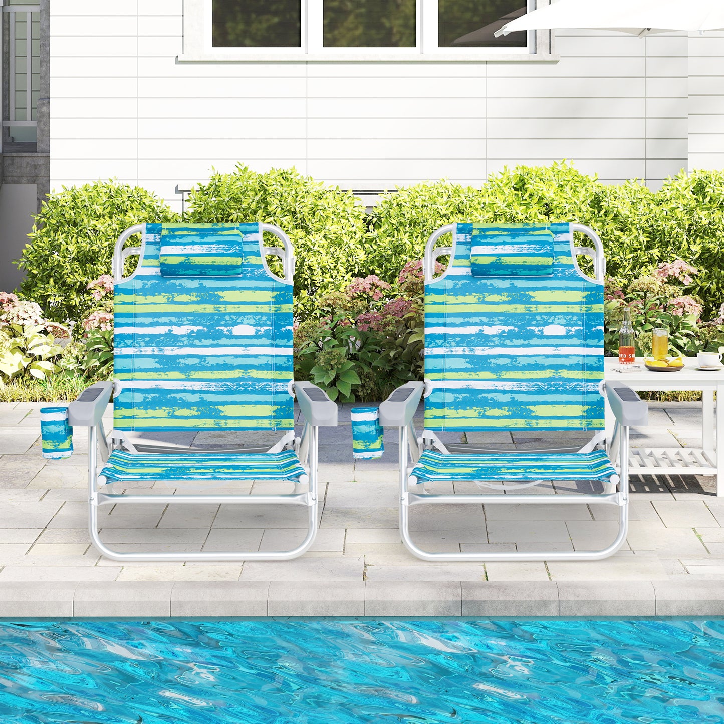 2 Pack Folding Beach Chair with Adjustable Positions and Head Pillow-Blue
