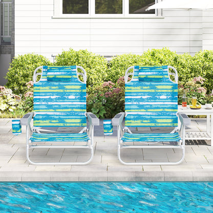 2 Pack Folding Beach Chair with Adjustable Positions and Head Pillow-Blue