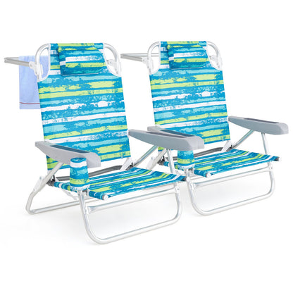 2 Pack Folding Beach Chair with Adjustable Positions and Head Pillow-Blue