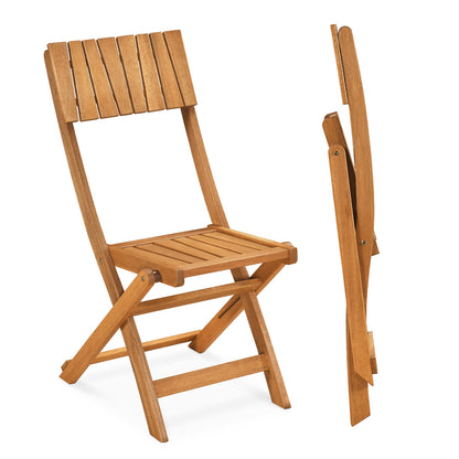 Two sturdy wood folding dining chairs with slatted backrests and seats, ideal for outdoor patio seating.