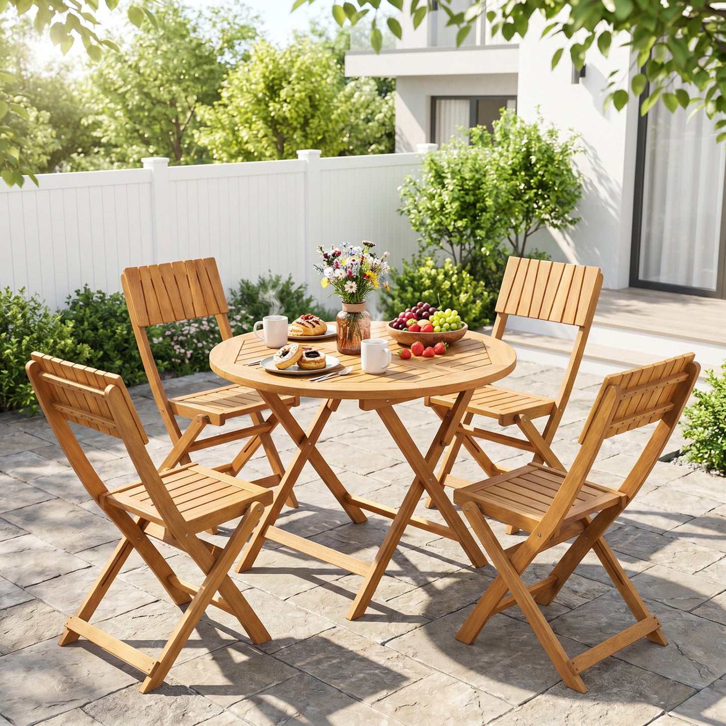 Two sturdy wood folding dining chairs with slatted backs and seats, ideal for outdoor patio seating.