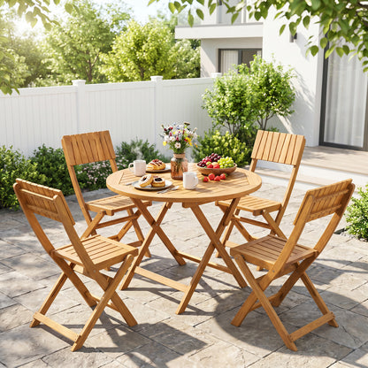 Two sturdy wood folding dining chairs with slatted backs and seats, ideal for outdoor patio seating.