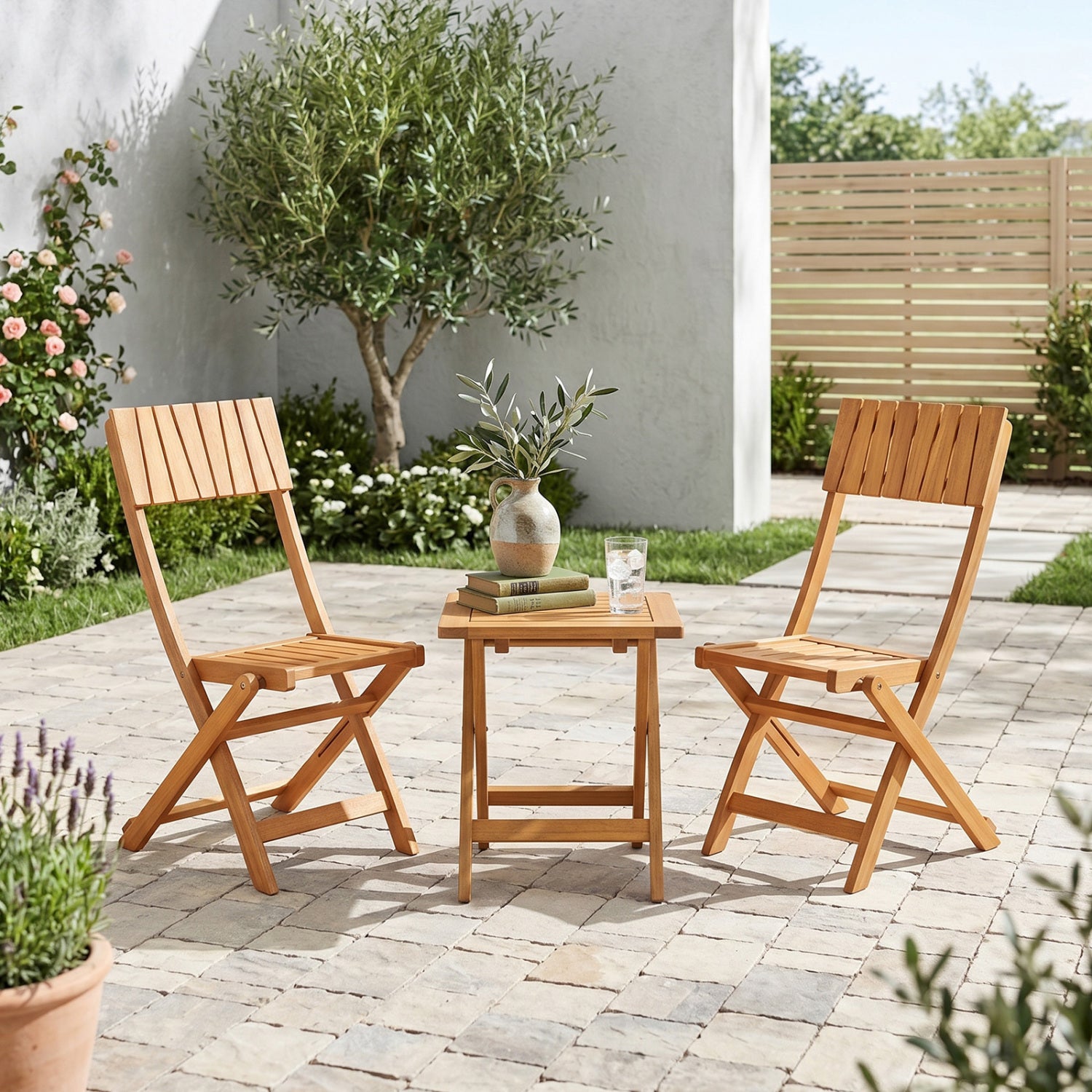 Two sturdy wooden folding dining chairs with slatted backrests and seats, suitable for outdoor patio seating.