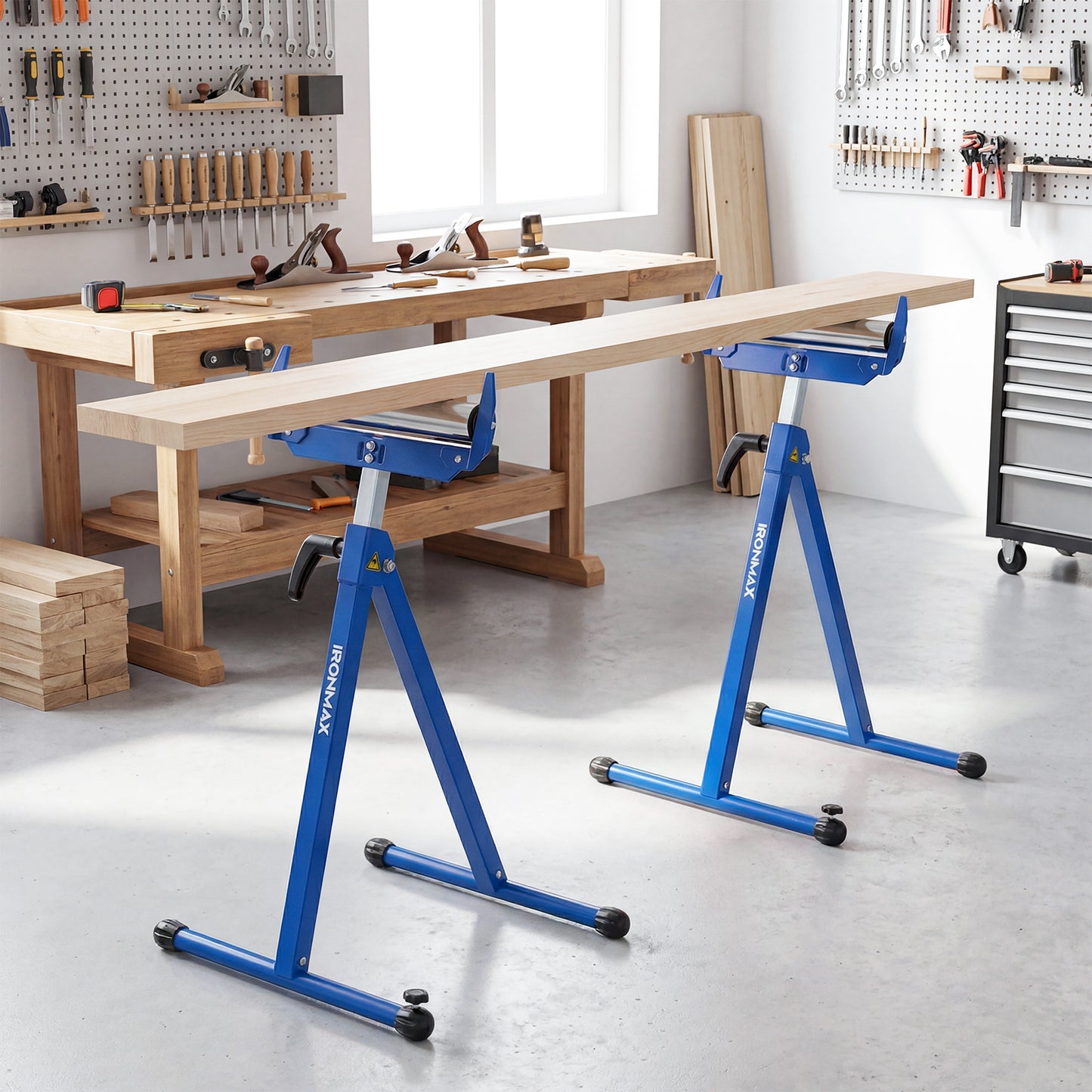 2-Pack Folding Roller Stands Portable Outfeed Supports with Adjustable Height-Blue