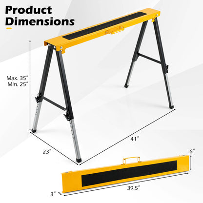 Two yellow folding saw horses with adjustable legs and handles, ideal for outdoor storage and garage projects.