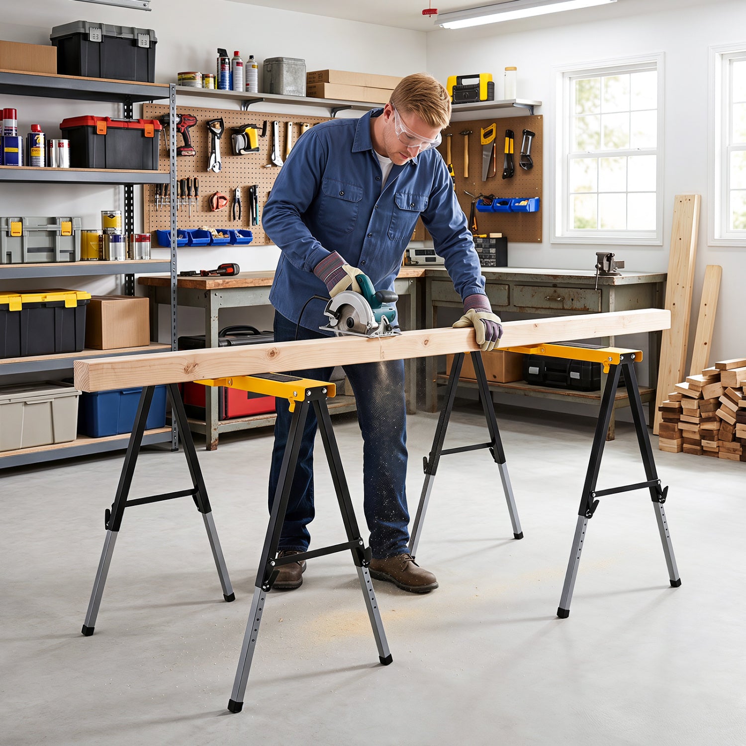 Yellow 2-pack folding saw horses with handles, adjustable leg heights, ideal for outdoor storage and garage projects.