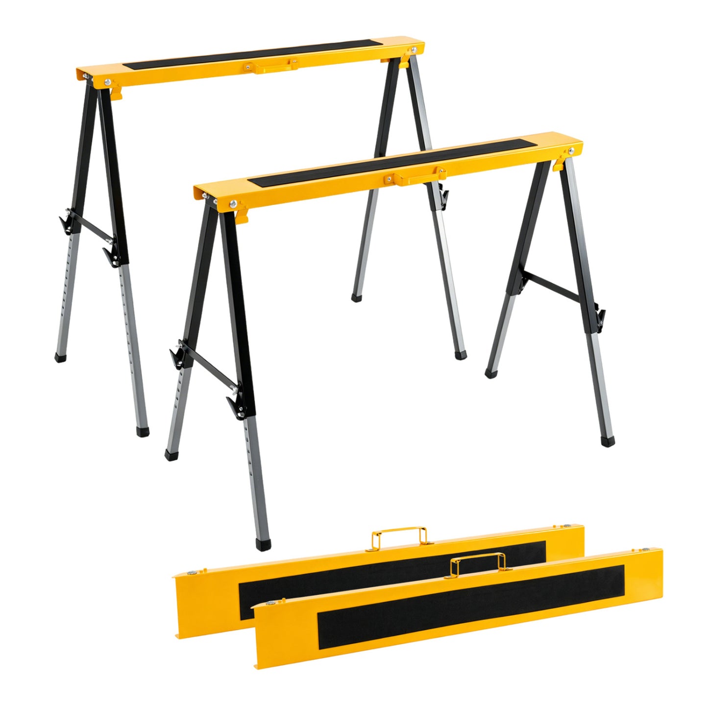 Yellow 2-pack folding saw horses with handles, adjustable legs for outdoor storage and garage use, by Wilsons Home Store.