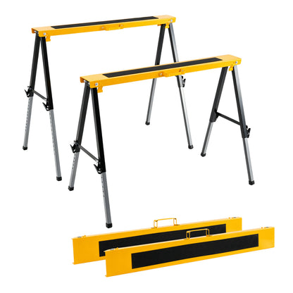 Yellow 2-pack folding saw horses with handles, adjustable legs for outdoor storage and garage use, by Wilsons Home Store.