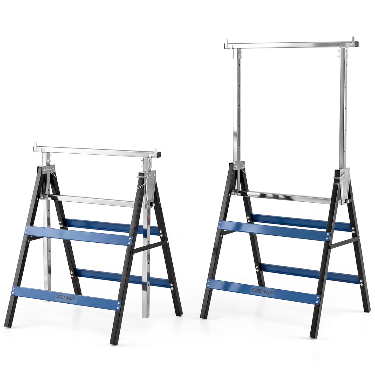 Two heavy-duty metal folding saw horses in blue with adjustable height for outdoor garage use, durable and easy to set up.