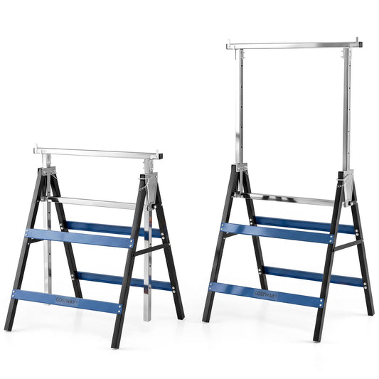 Two heavy-duty metal folding saw horses in blue with adjustable height for outdoor garage use, durable and easy to set up.