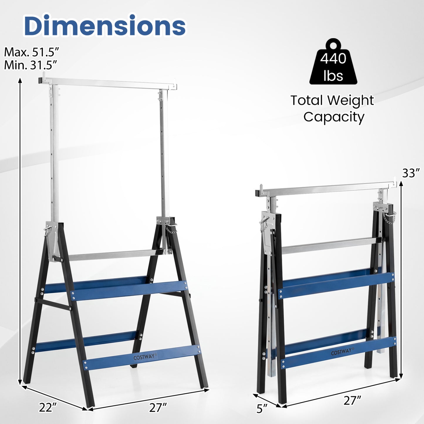 Two blue heavy-duty metal folding saw horses with adjustable height for outdoor storage and garage projects.