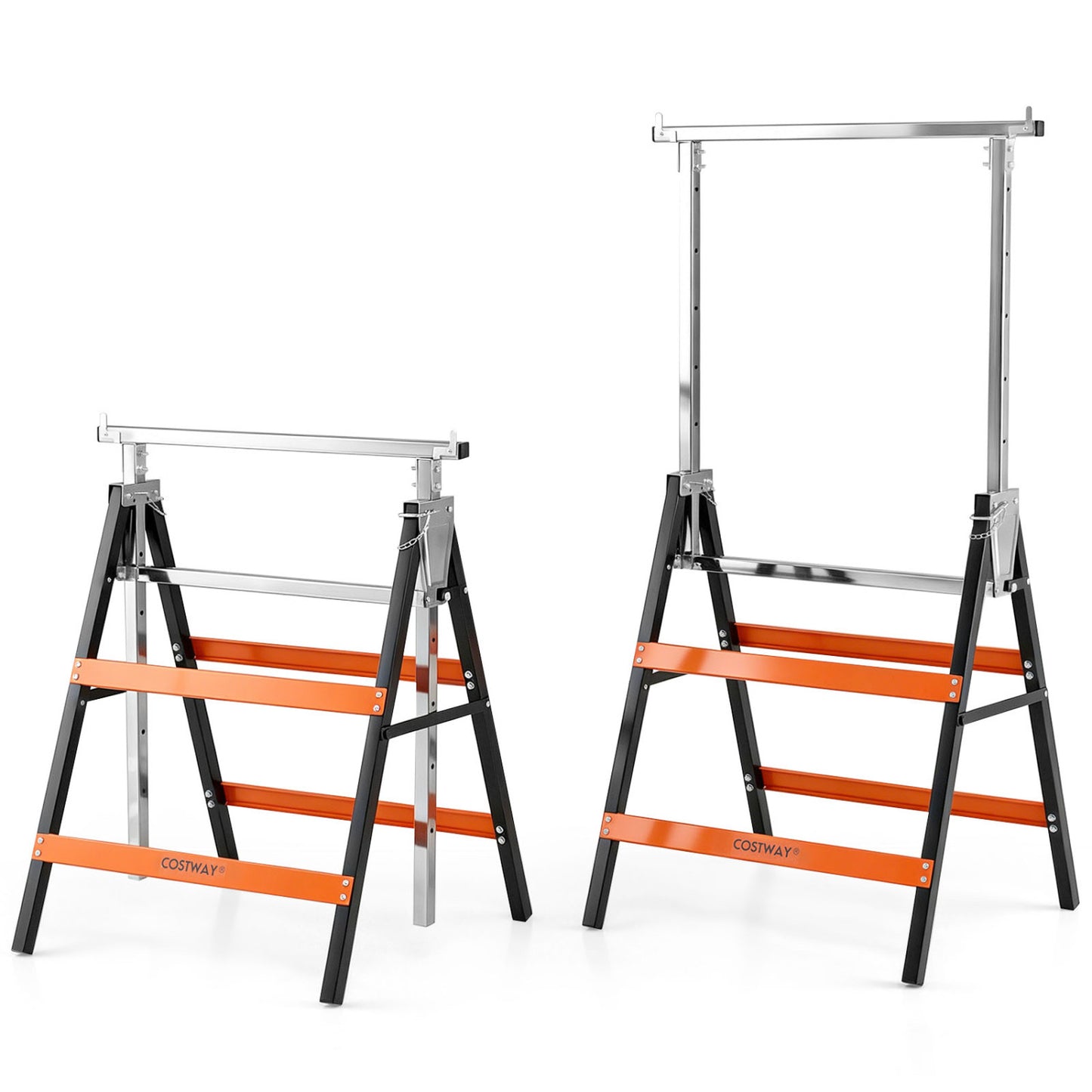 Two heavy-duty metal folding saw horses with adjustable height in blue, ideal for outdoor garage and storage projects.