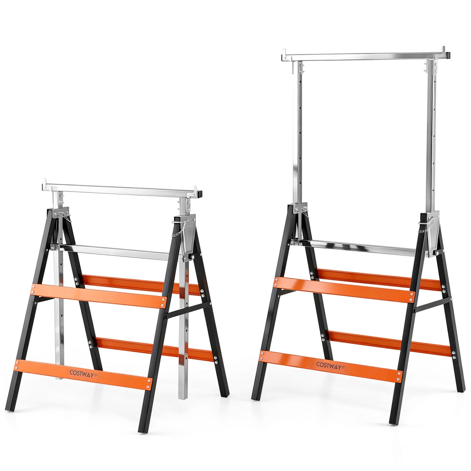 Two heavy-duty metal folding saw horses with adjustable height in blue, ideal for outdoor garage and storage projects.