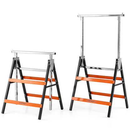 Two heavy-duty metal folding saw horses with adjustable height in blue, ideal for outdoor garage and storage projects.