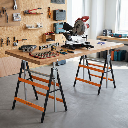Two heavy-duty metal folding saw horses with adjustable height in blue, ideal for outdoor storage and garage projects.