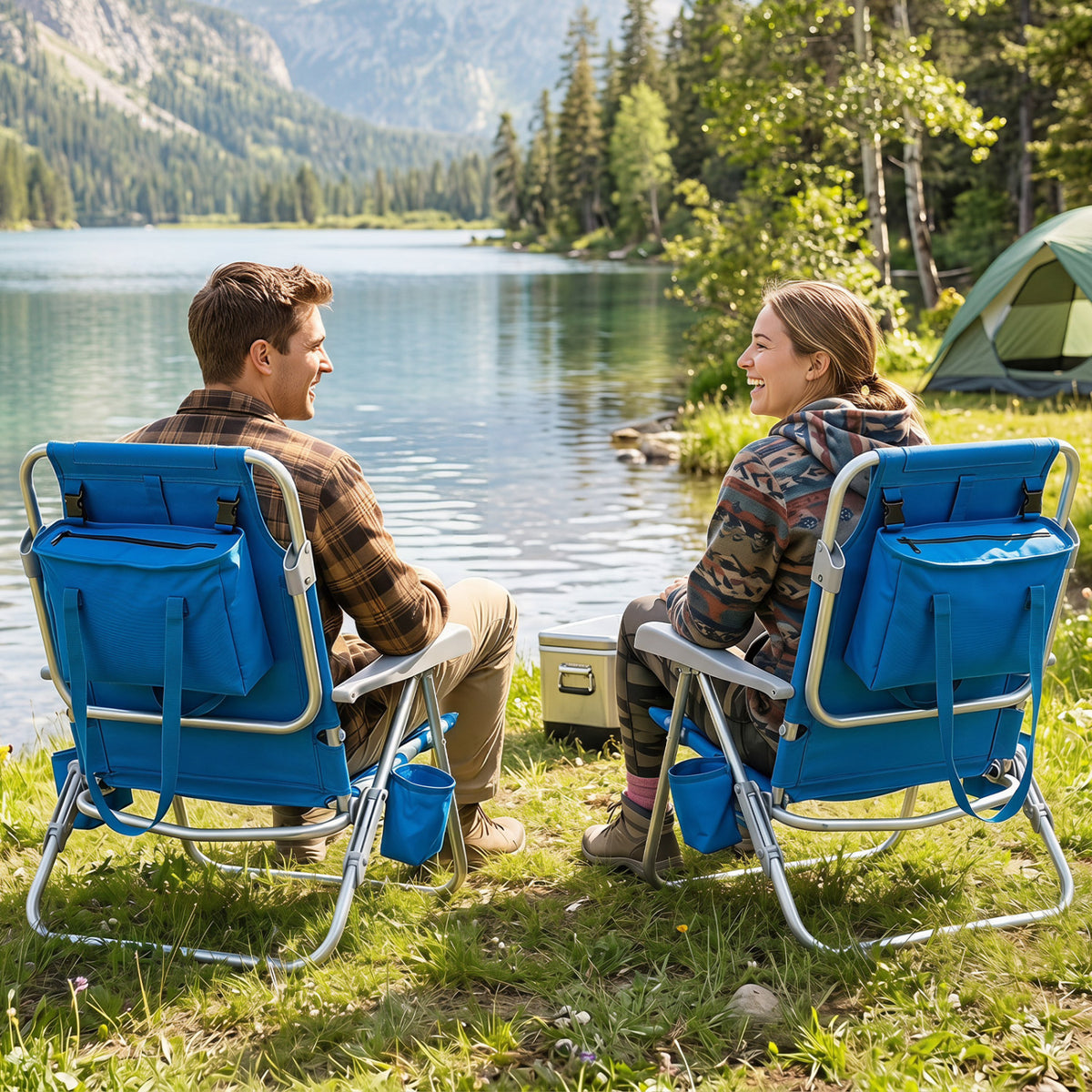 Two blue portable folding beach chairs with 7-position backrests, ideal for outdoor patio and lawn seating.