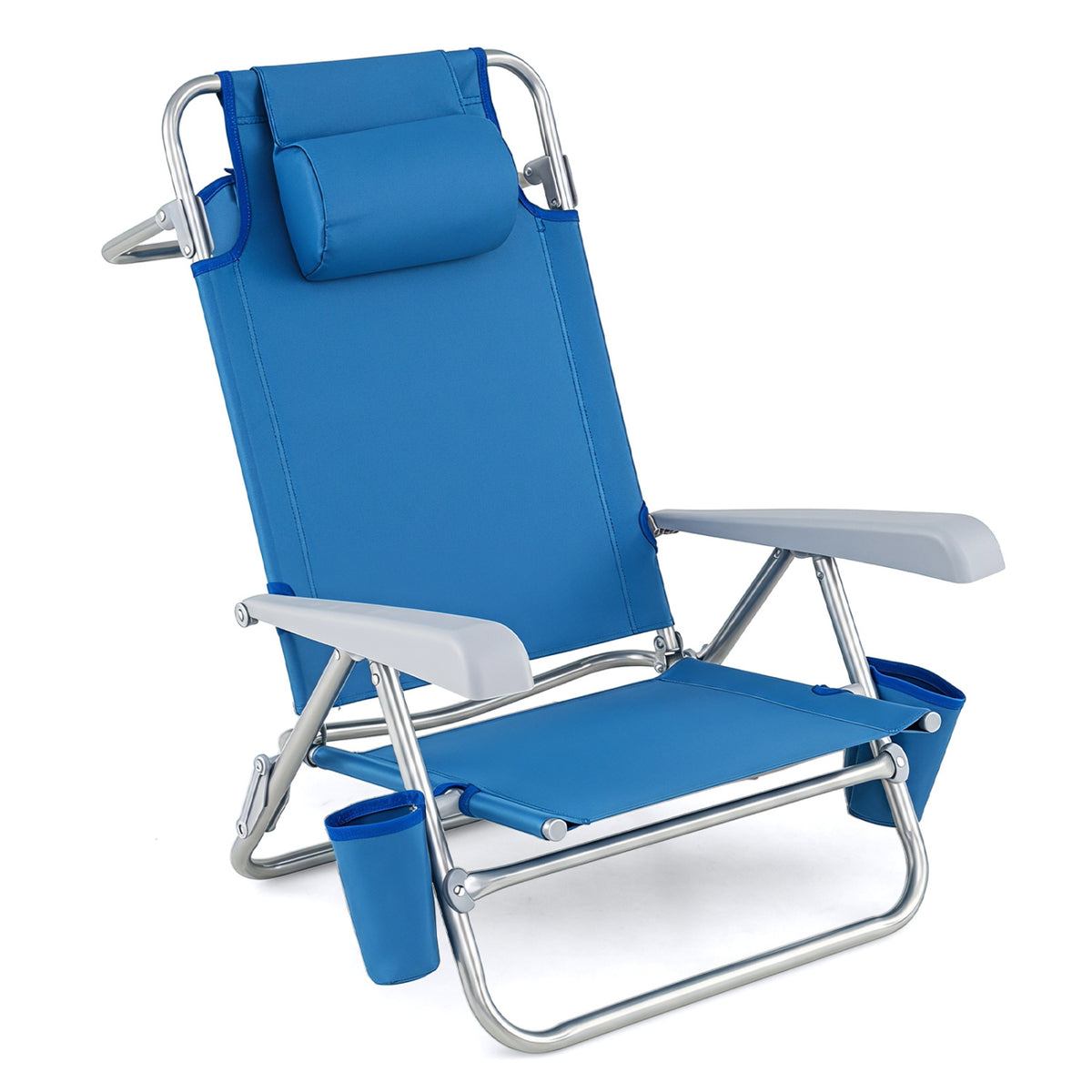 Two blue portable folding beach chairs with 7-position backrest, ideal for outdoor seating and patio use.