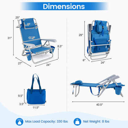 Two blue portable folding beach chairs with 7-position backrests, ideal for outdoor seating and outdoor patio relaxation.