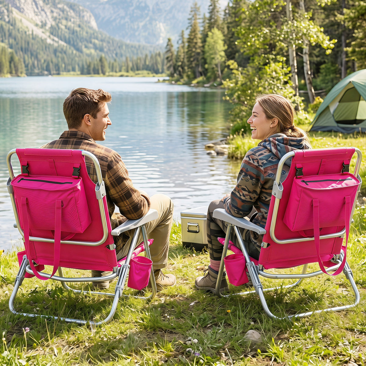 Two blue portable folding beach chairs with 7-position backrests, suitable for outdoor patio and lawn seating.