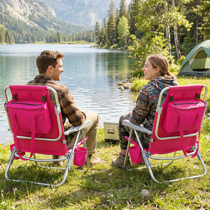 Two blue portable folding beach chairs with 7-position backrests, suitable for outdoor patio and lawn seating.