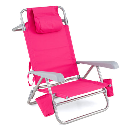 Two blue portable folding beach chairs with 7-position backrests, ideal for outdoor seating and patio use.