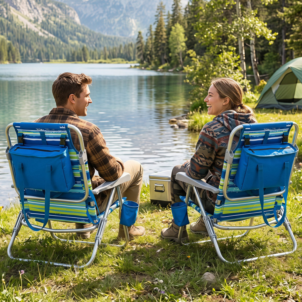 Two blue portable folding beach chairs with 7-position backrests, perfect for outdoor and patio seating.