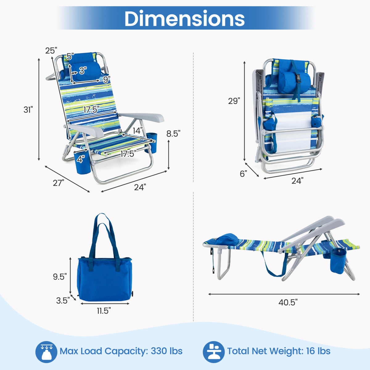 Two blue portable folding beach chairs with 7-position adjustable backrests, ideal for outdoor and patio use.