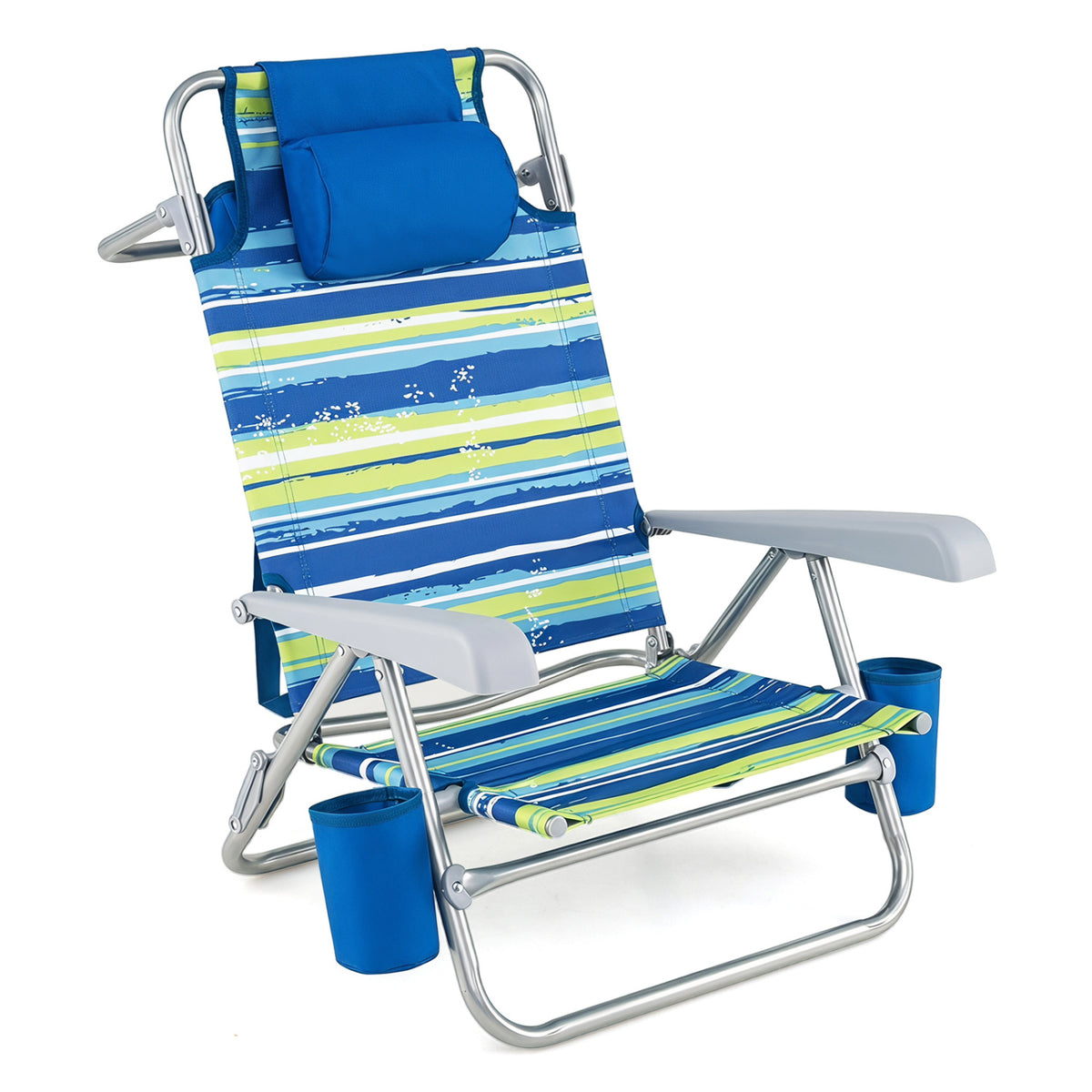 Two blue portable folding beach chairs with 7-position backrests, ideal for outdoor patio and lawn seating.