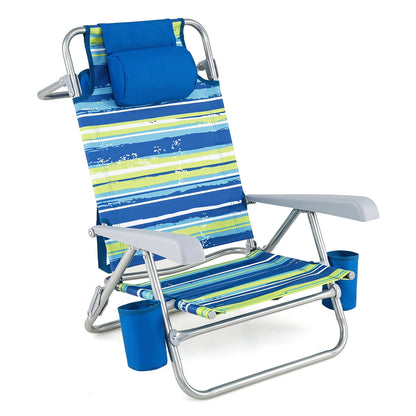 Two blue portable folding beach chairs with 7-position backrests, ideal for outdoor patio and lawn seating.