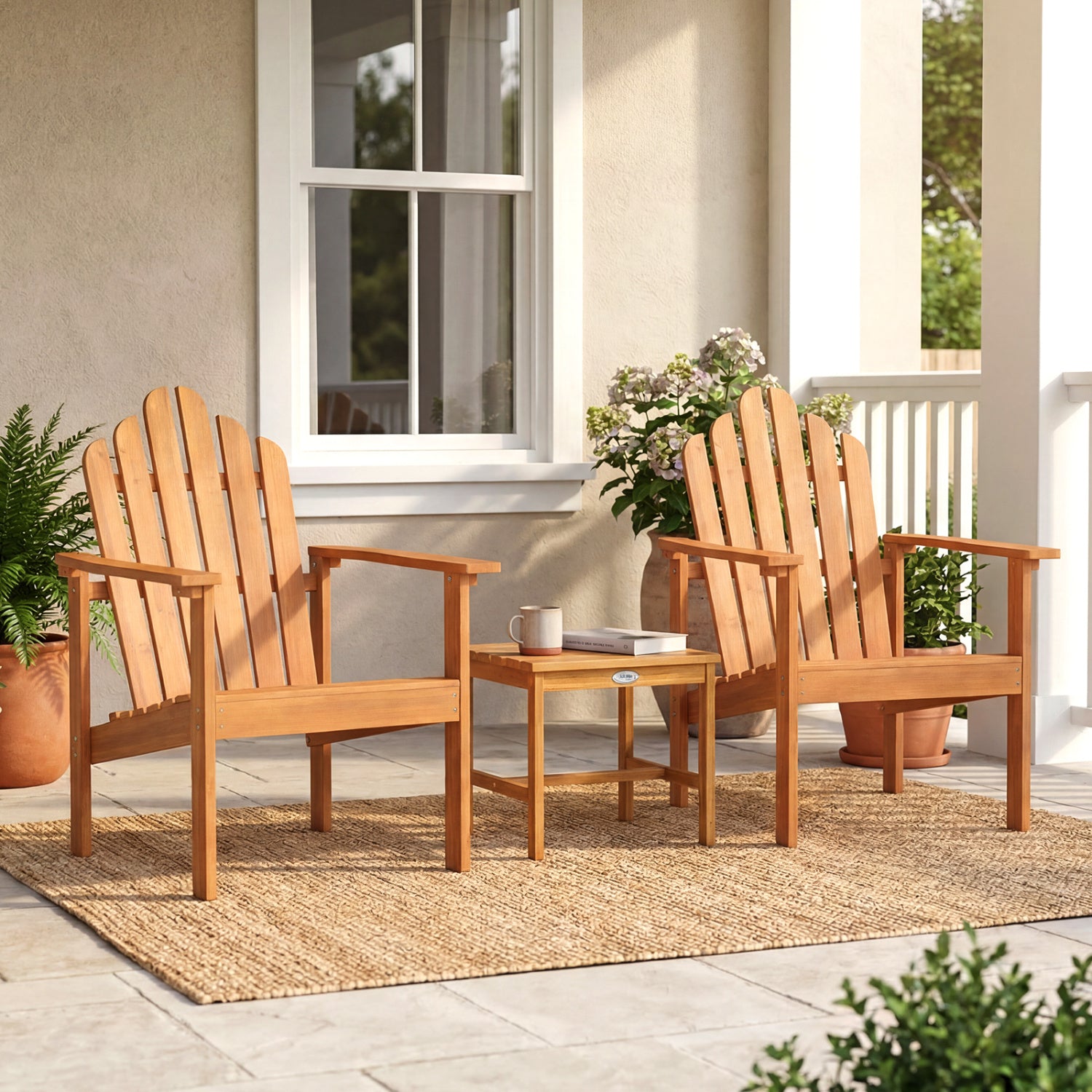 Two stackable Adirondack chairs made of solid acacia wood for outdoor patio seating, designed for comfort and durability.