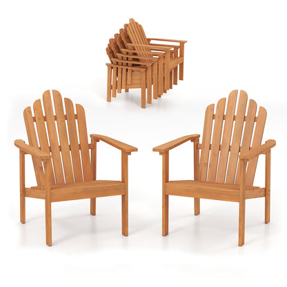 Stackable Adirondack chairs made of solid acacia wood, designed for outdoor patio seating, featuring a natural wood finish.