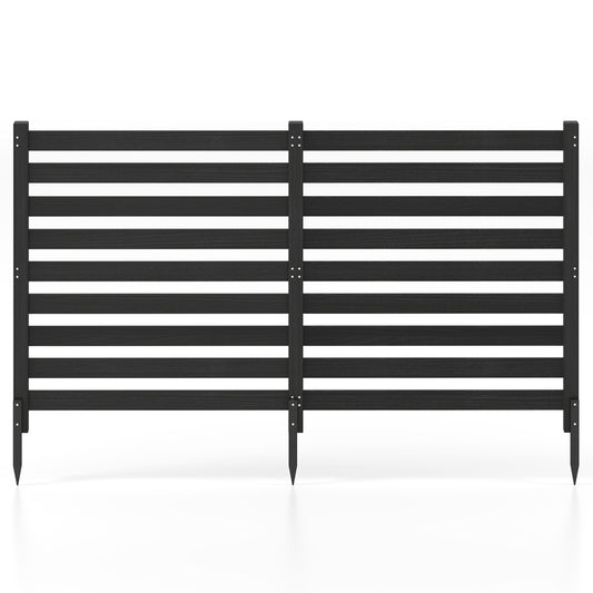 Black 2-panel wooden outdoor privacy fence with ground stakes, ideal for backyard privacy and outdoor decor.