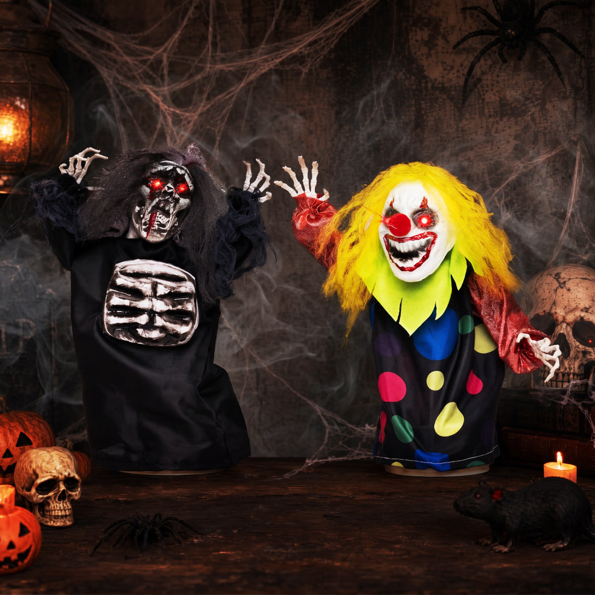 2 Pcs Halloween Animatronics Clown and Reaper Tabletop Decorations