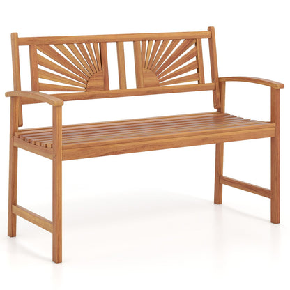 2-Person Acacia Wood Outdoor Garden Bench with Sunburst Back and Curved Armrests