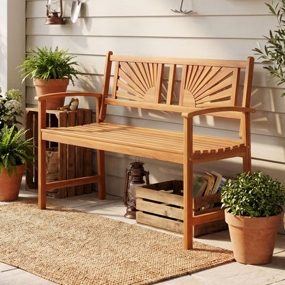 2-Person Acacia Wood Outdoor Garden Bench with Sunburst Back and Curved Armrests
